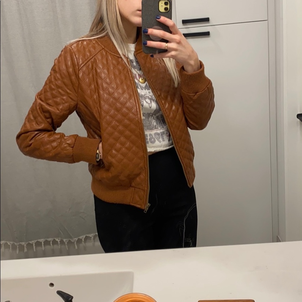 Quilted Stitch Faux Leather Bomber Zip Up Jacket